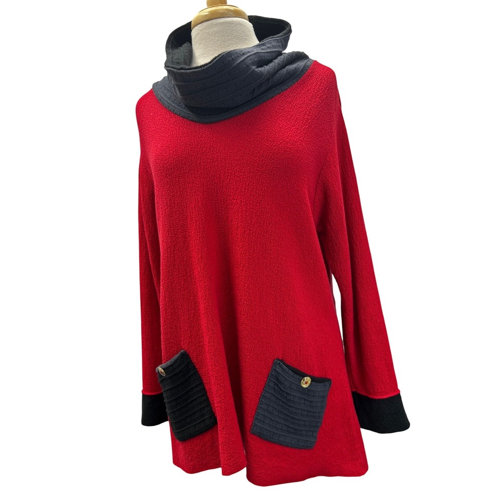 Margaret Winters Tunic Sweater Womens Small Red Excellent Cowl Neck Pockets